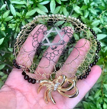 Load image into Gallery viewer, Black, gold and silver beaded wire kippah with repurposed gold and crystal pin
