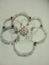 Load image into Gallery viewer, Snowy Day Kippah with repurposed silver flower focal, black wire, silver wire, and frosted Czech glass beads
