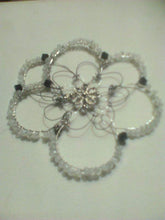 Load image into Gallery viewer, Snowy Day Kippah with repurposed silver flower focal, black wire, silver wire, and frosted Czech glass beads
