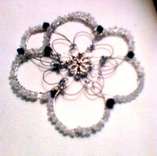 Load image into Gallery viewer, Snowy Day Kippah with repurposed silver flower focal, black wire, silver wire, and frosted Czech glass beads
