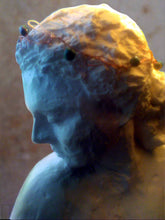 Load image into Gallery viewer, The green and copper headpiece is displayed on a pottery bust
