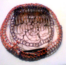 Load image into Gallery viewer, Brown, purple and orange coated copper wire is repurposed for a kippah 
