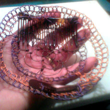 Load image into Gallery viewer, Brown, purple and orange coated copper wire is repurposed for a kippah 
