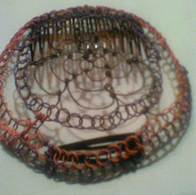 Load image into Gallery viewer, Brown, purple and orange coated copper wire is repurposed for a kippah 
