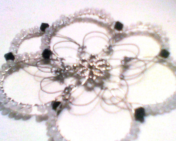 Silver Flower Focal on silver wire with black crystals  and frosted Czech glass crystals