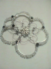 Load image into Gallery viewer, Snowy Day Kippah with repurposed silver flower focal, black wire, silver wire, and frosted Czech glass beads
