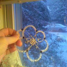 Load image into Gallery viewer, Snowy Day Kippah with repurposed silver flower focal, black wire, silver wire, and frosted Czech glass beads
