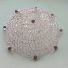 Load image into Gallery viewer, cherry bl  kippah made fom rose gold wire, dak pinkish red beads and aurora borealis beads
