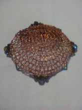 Load image into Gallery viewer, Copper wire kippah with iridescent vintage glass beads in shades of brown and blue
