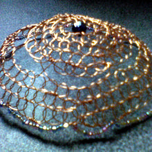 Load image into Gallery viewer, Closeup of copper/purple/seed bead kippah on grey background
