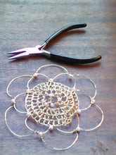 Load image into Gallery viewer, Custom made flower kippah in gold wire with faux pearls. Also available in silver.
