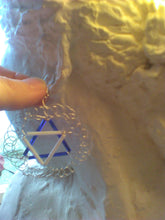 Load image into Gallery viewer, Jewish Star earrings made from blue and white bugle beads with wire crochet
