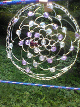 Load image into Gallery viewer, lavender and crystal beaded wire kippah hanging from laundry line 
