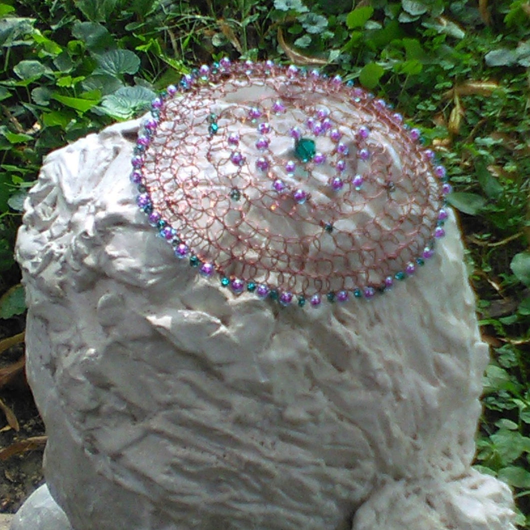 MADE  TO ORDER Teal, Purple, and Dark Copper Beaded  Wire Kippah for Woman