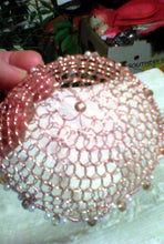 Load image into Gallery viewer, Rose gold wire kippah wih peachy pink crystals and pearls
