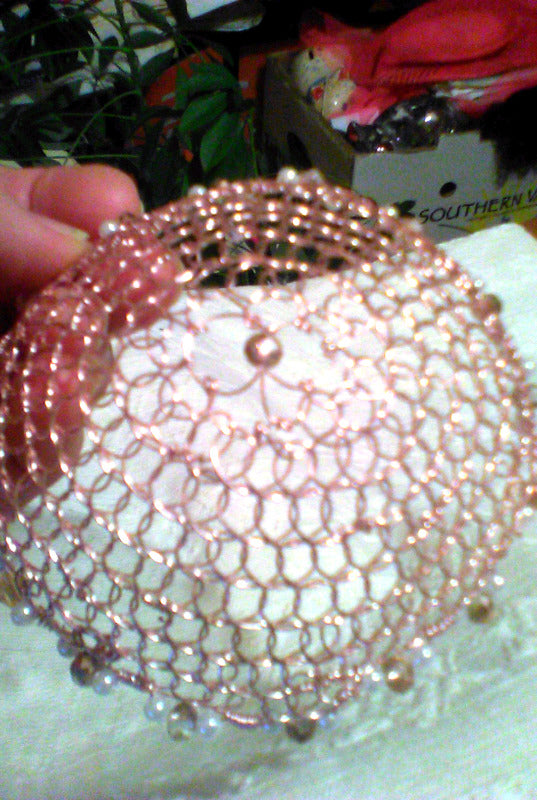 Rose gold wire kippah wih peachy pink crystals and pearls
