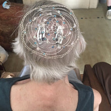 Load image into Gallery viewer, Teal and Silver Kippah with clips on Woman&#39;s Head
