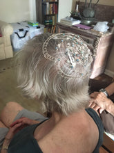 Load image into Gallery viewer, Teal and Silver Kippah on Woman, Side  View
