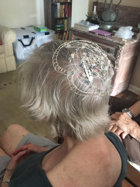 Teal and Silver Kippah on Woman, Side  View