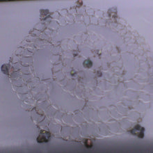 Load image into Gallery viewer, Silver on silver: Filigree style wire crochet with silver crystals and butterfiels.
