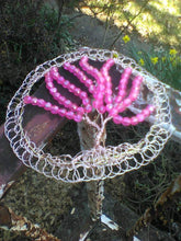 Load image into Gallery viewer, Pink Tree of Life Kippah with rose gold wire and pink crystals
