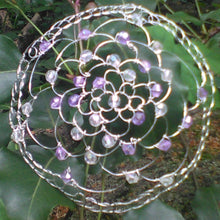 Load image into Gallery viewer, Lavender and crystal beaded wire kippah on green leaf
