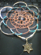 Load image into Gallery viewer, SOLD OUT AT CRAFT SHOW Copper and Blue Beaded Wire Flower Kippah with Repurposed Star Charm

