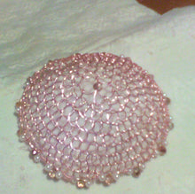 Load image into Gallery viewer, Rose gold kippah with peachy pink and pearl beading on white tablecloth
