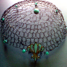 Load image into Gallery viewer, Black wire crochet kippah for woman with turquoise beading and fleur-de lis charm
