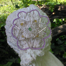 Load image into Gallery viewer, Emerald green and violet beaded kippah on bust
