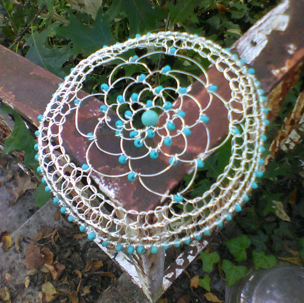 Turquoise and Silver Beaded Kippah, Renaissance headcap