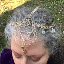 Load image into Gallery viewer, Silver and gold headdress style kippah  featuring silver Magen David and gold dangle charms as well as translucent crystal charms on gold wire.
