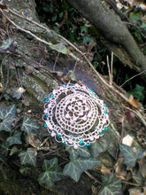 Load image into Gallery viewer, Teal and pink beaded kippah with vines in the foreground
