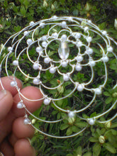 Load image into Gallery viewer, Silver  wire kippah with pearl beading and crystal  bead in the center.
